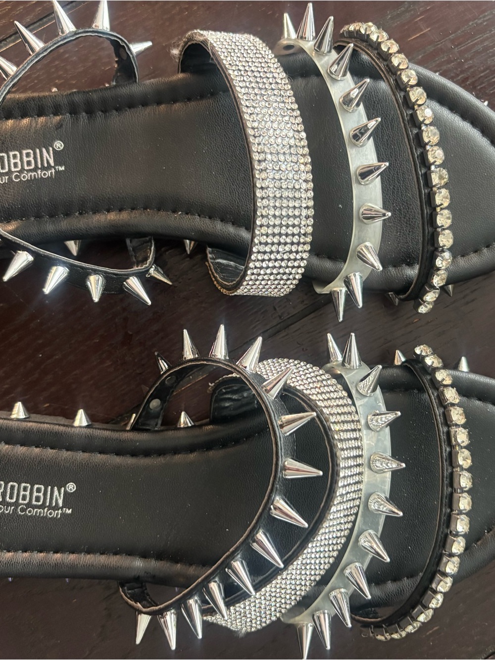 Cape Robbin Black Studded Slide Sandals with Rhinestone Straps and Spikes - Picture 2 of 6